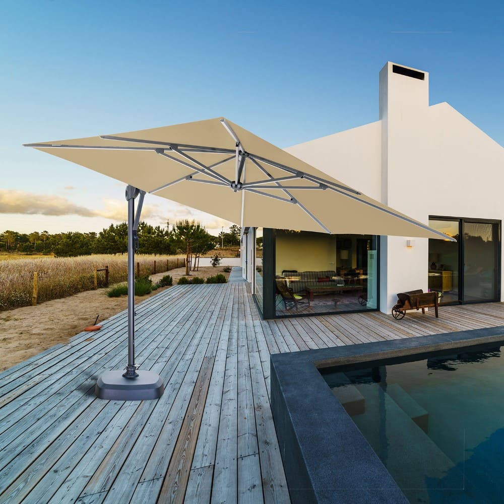 3x3m Sling Umbrella Khaki Lifestyle Tilted VB