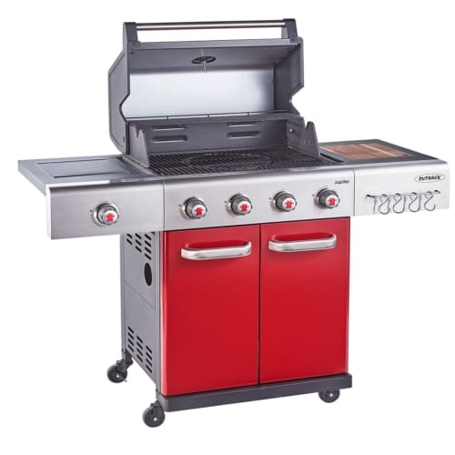 Outback Jupiter 4 Burner Gas/Charcoal Hybrid Braai Red